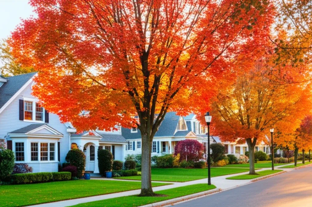 Suburban street of white clapboard houses behind lawns, with a large maple in full autumn colour