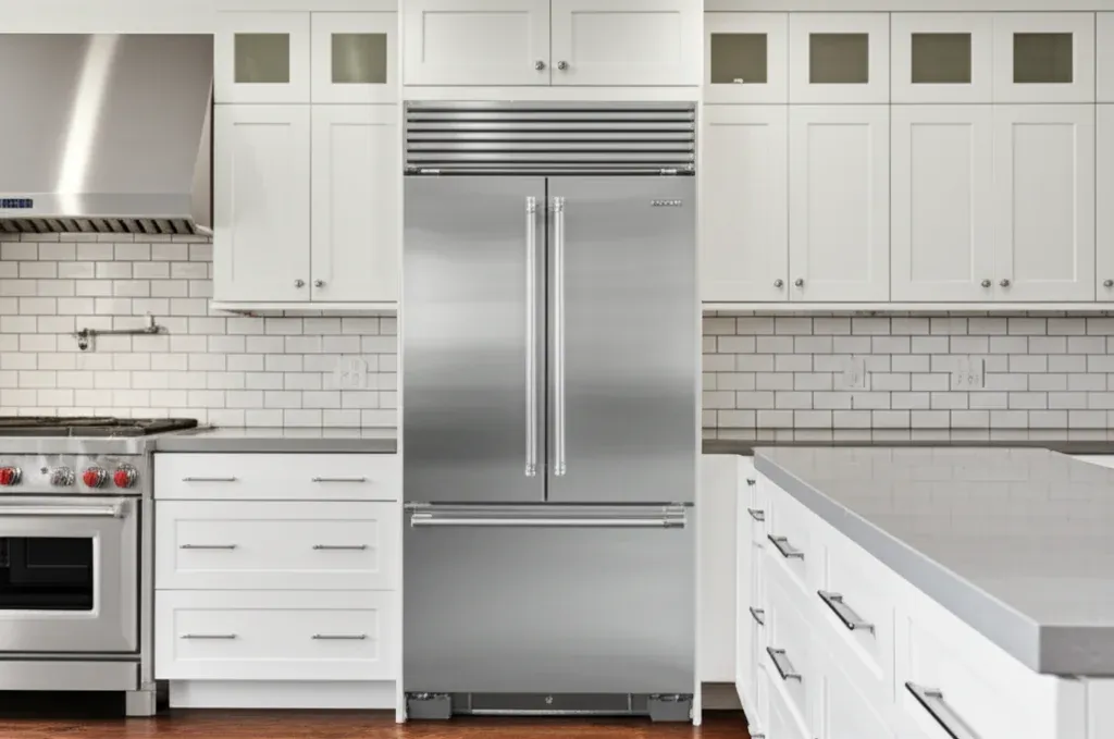 Tall stainless built-in refrigerator column set flush into white shaker cabinetry above a subway tile backsplash