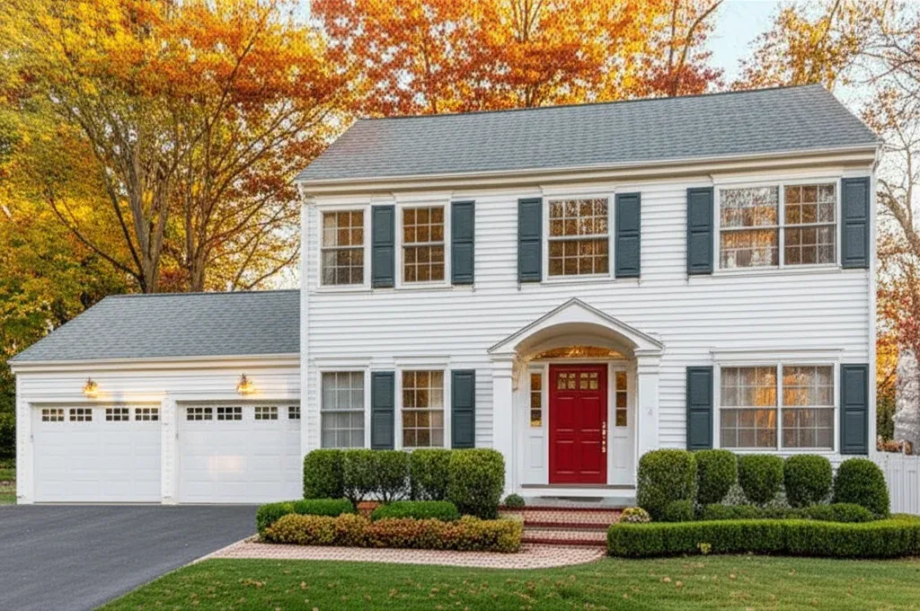 Grey Colonial house with a red front door, white two-bay garage and clipped hedges along the path