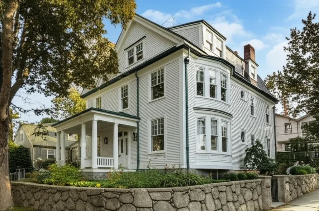 White Victorian house with a bay window and a full front porch, standing above a dry stone retaining wall