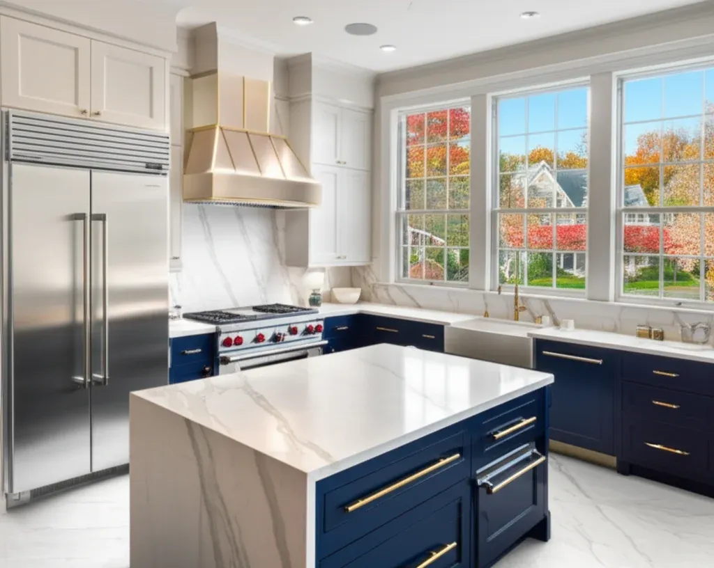 Kitchen with a navy island under a white marble top and a stainless side-by-side refrigerator-freezer against the far wall