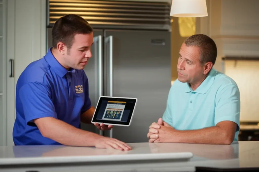 Two people either side of a kitchen island, one holding a tablet, with a stainless refrigerator behind them