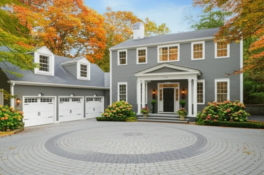 Grey shingled Colonial with dormer windows, a three-bay garage and a circular paved driveway laid in a fan pattern