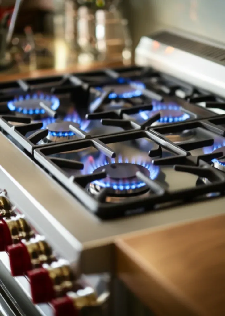 Close crop of two lit gas burners showing blue flame rings between black cast iron grates