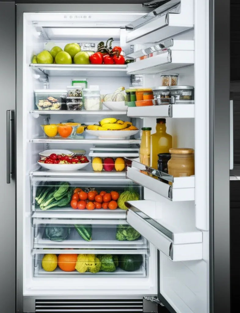Refrigerator interior with produce across four glass shelves and bottles and jars standing in the door racks