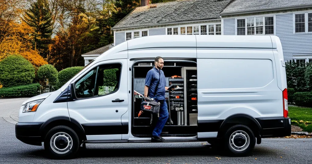 White panel van at the kerb with its side door slid back on shelved parts stock, a person standing in the opening