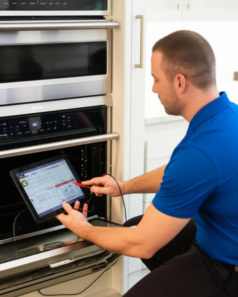Person in a blue polo holding a tablet and a red test lead in front of a stainless wall oven